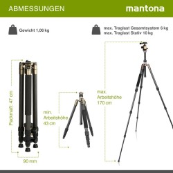 Mantona Titanium Carbon hiilikuitujalusta 170 cm, kuulapää ja kuljetuslaukku, Arca Swiss -yhteensopiva