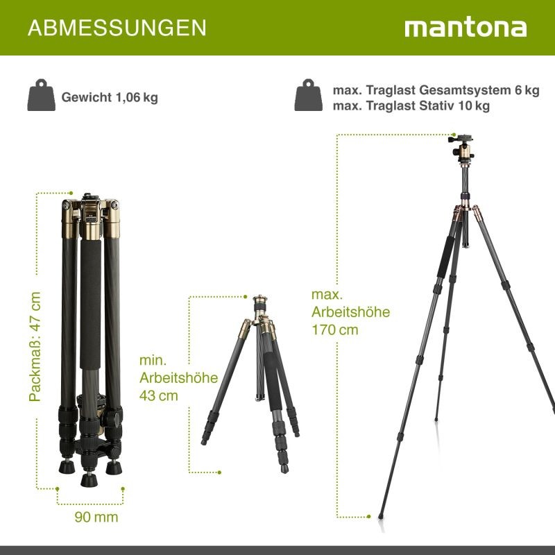 Mantona Titanium Carbon hiilikuitujalusta 170 cm, kuulapää ja kuljetuslaukku, Arca Swiss -yhteensopiva
