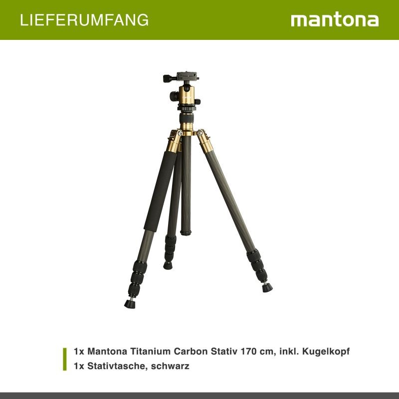 Mantona Titanium Carbon hiilikuitujalusta 170 cm, kuulapää ja kuljetuslaukku, Arca Swiss -yhteensopiva