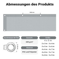 Säänkestävä suojapeite 4 x 5 m, harmaa, PVC-pinnoitettu polyesteri 650 g/m², UV-suojattu, vedenpitävä