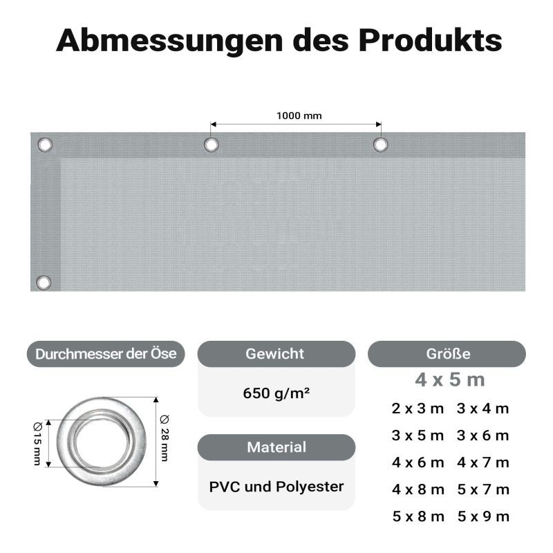 Säänkestävä suojapeite 4 x 5 m, harmaa, PVC-pinnoitettu polyesteri 650 g/m², UV-suojattu, vedenpitävä