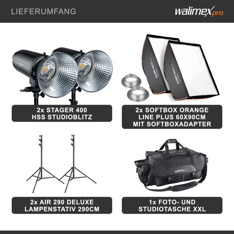 Walimex pro Stager 400 HSS studiosalamasetti, 400 W, 2 kpl, softboxit 60x90 cm ja valojalat