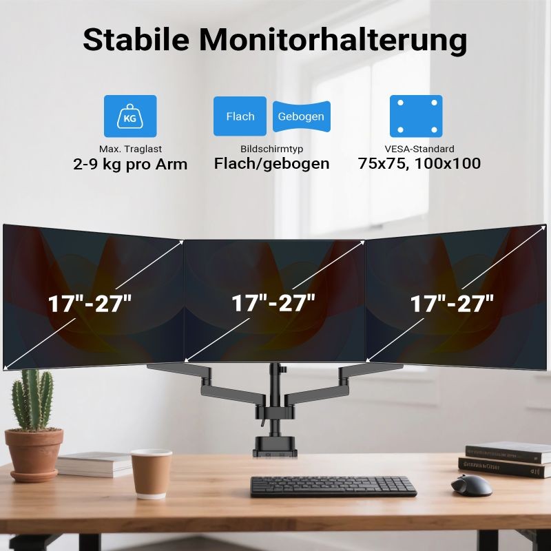 Kolmonaismonitoriteline musta, 360° VESA-levy, enintään 9 kg/näyttö, pöytäkiinnitys