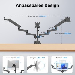 Kolmonaismonitoriteline musta, 360° VESA-levy, enintään 9 kg/näyttö, pöytäkiinnitys