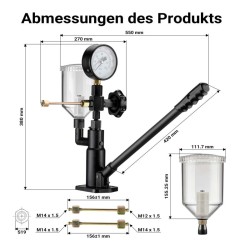 Diesel-polttoainesuuttimien testilaite, manometri 0-600 bar, adapterit mukana