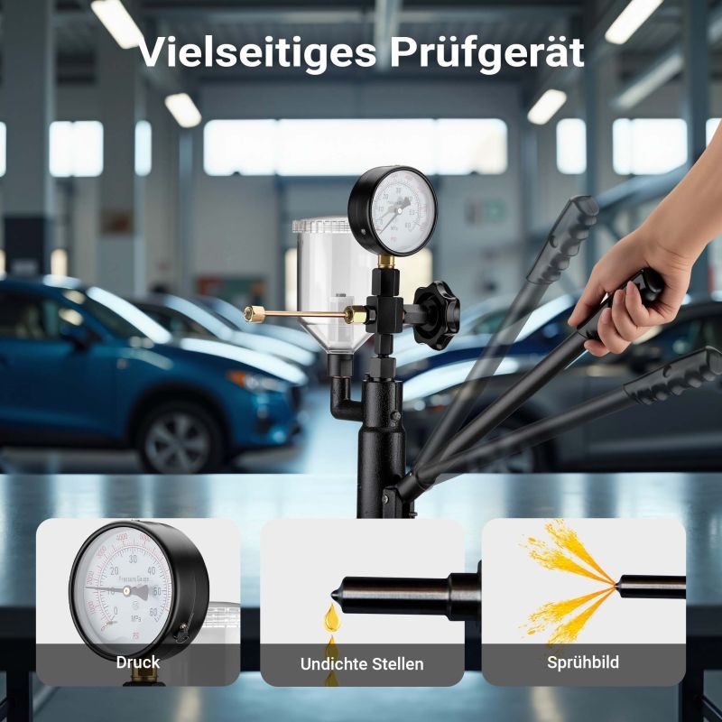 Diesel-polttoainesuuttimien testilaite, manometri 0-600 bar, adapterit mukana