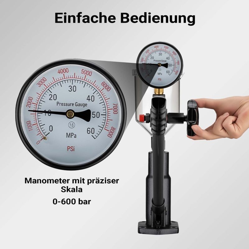 Diesel-polttoainesuuttimien testilaite, manometri 0-600 bar, adapterit mukana