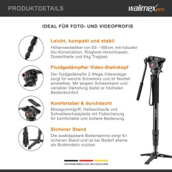 Walimex pro Cineast Mono videomonopodi 168 cm, fluid-vaimennettu 2-akselinen videopää