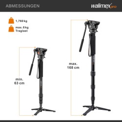 Walimex pro Cineast Mono videomonopodi 168 cm, fluid-vaimennettu 2-akselinen videopää