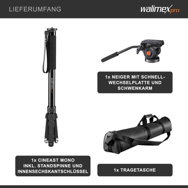 Walimex pro Cineast Mono videomonopodi 168 cm, fluid-vaimennettu 2-akselinen videopää