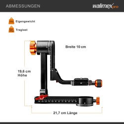 Walimex pro A20 alumiini-gimbal-jalustapää, 20 kg kantavuus, 217 x 64 x 196 mm