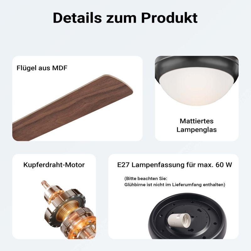 Kattotuuletin 122 cm, ruskea, 4 MDF-siipeä, valaisin, kaukosäädin, ajastin, kesä- ja talvitoiminto