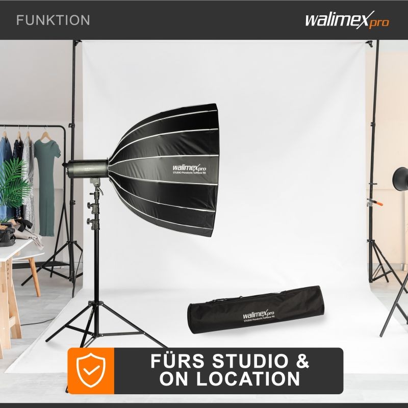Walimex pro Parabolinen Softbox 90 cm, sisältää kenno-gridin, maskin, Bowens-adapterin ja kuljetuslaukun