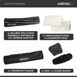 Walimex pro Parabolinen Softbox 90 cm, sisältää kenno-gridin, maskin, Bowens-adapterin ja kuljetuslaukun