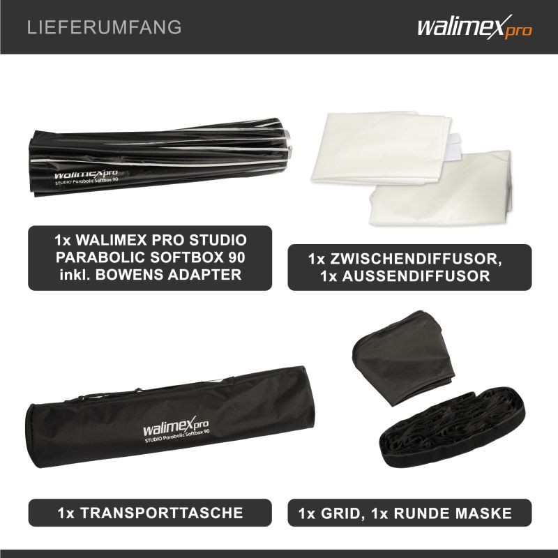 Walimex pro Parabolinen Softbox 90 cm, sisältää kenno-gridin, maskin, Bowens-adapterin ja kuljetuslaukun