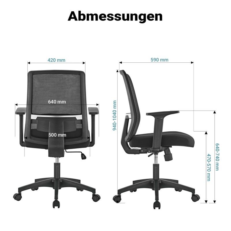 Ergonominen työtuoli lannennojalla, säädettävä korkeus, hengittävä selkänoja, musta, max 120 kg