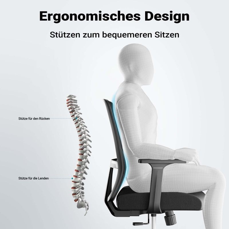 Ergonominen työtuoli lannennojalla, säädettävä korkeus, hengittävä selkänoja, musta, max 120 kg