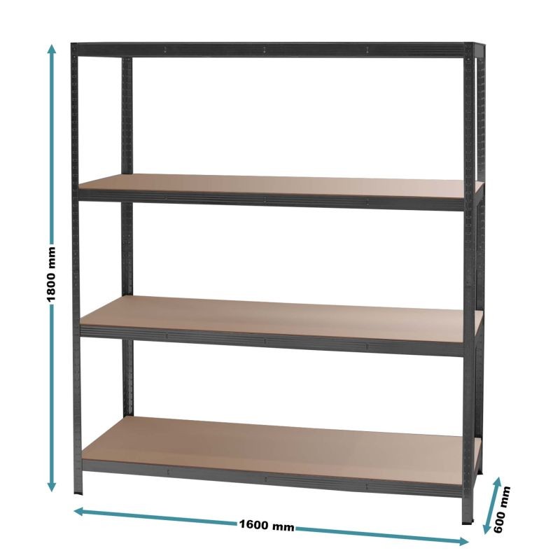 Raskashylly 160x60x180 cm, 4 hyllytasoa, 175 kg/taso, musta, teräs ja MDF