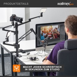 Walimex pro Multi Streaming Arm pöytäteline kameralle, LED-valolle ja mikrofonille, musta