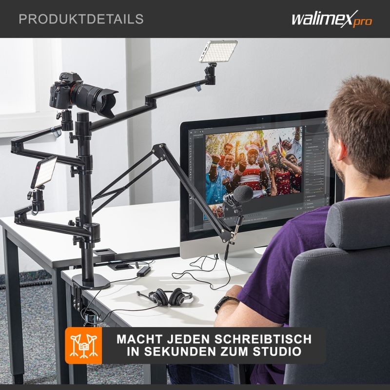 Walimex pro Multi Streaming Arm pöytäteline kameralle, LED-valolle ja mikrofonille, musta