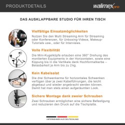 Walimex pro Multi Streaming Arm pöytäteline kameralle, LED-valolle ja mikrofonille, musta