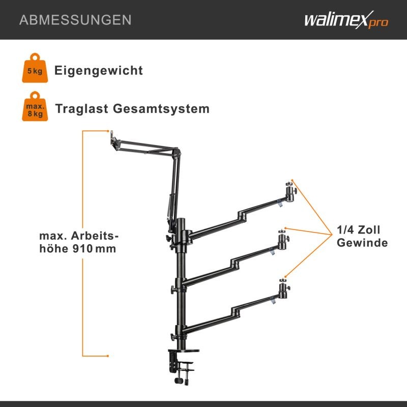 Walimex pro Multi Streaming Arm pöytäteline kameralle, LED-valolle ja mikrofonille, musta