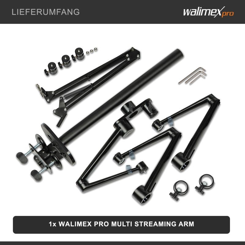 Walimex pro Multi Streaming Arm pöytäteline kameralle, LED-valolle ja mikrofonille, musta