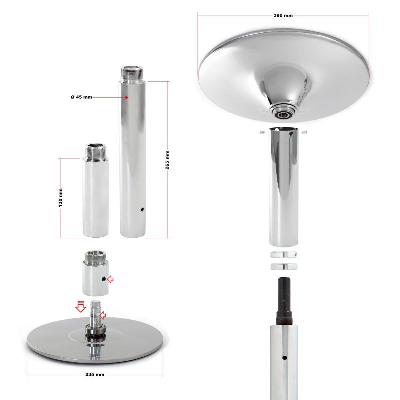 Ammattitason pole-fitness-tanko Ø 45 mm, korkeus 2,31-2,74 m, teräs, hopea, asennus ilman porausta