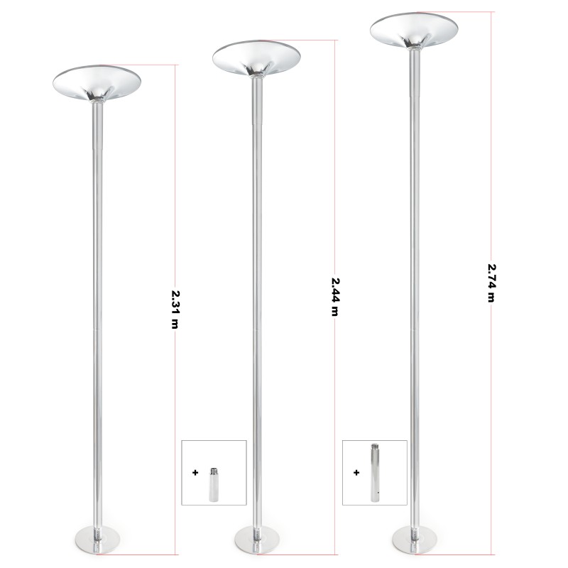 Ammattitason pole-fitness-tanko Ø 45 mm, korkeus 2,31-2,74 m, teräs, hopea, asennus ilman porausta