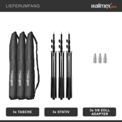 Walimex pro WT-806 valojalustasetti 3 kpl, 256 cm, 6 kg, jousivaimennus, adapterit ja kuljetuslaukut