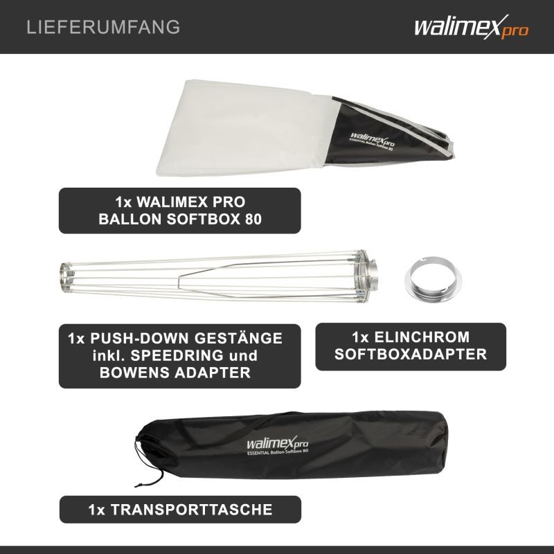 Walimex pro Essential Ballon Softbox 80 cm, 360° valonhajotin, Bowens- ja Elinchrom-adapterit