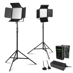 Walimex pro 2x LED Niova 100-F Pro 100 W Bi-Color LED-paneelivalosetti, 2x jalustaa ja 2x V-Mount-akkua