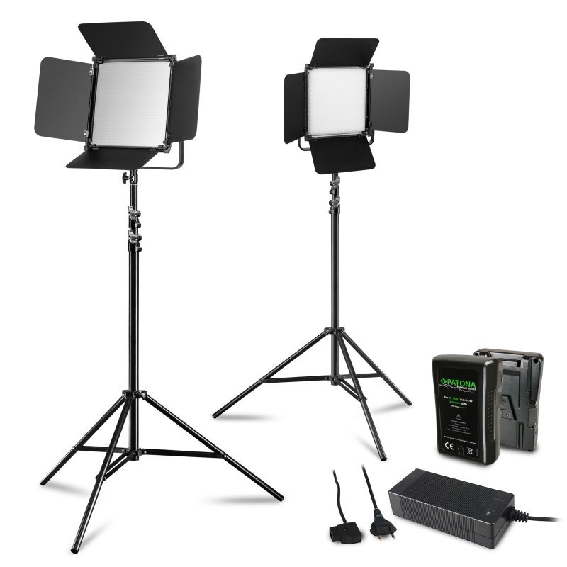 Walimex pro 2x LED Niova 100-F Pro 100 W Bi-Color LED-paneelivalosetti, 2x jalustaa ja 2x V-Mount-akkua