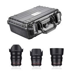 Samyang Video DSLR basic objektiivisarja Canon EF 24mm 50mm 85mm ja mantona laukku