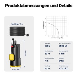 Puhtaan veden uppopumppu 1000 W, kellukskytkin, 5500 l/h, 30 m nostokorkeus, 7 m upotussyvyys