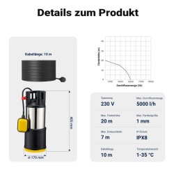Puhtaan veden uppopumppu 850 W, kellukskytkin, 5000 l/h, pumppauskorkeus 20 m, sukellussyvyys 7 m
