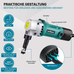 Peltinibslaaja 500 W, 360° kääntyvä leikkauspää, leikkauskapasiteetti 2,5 mm