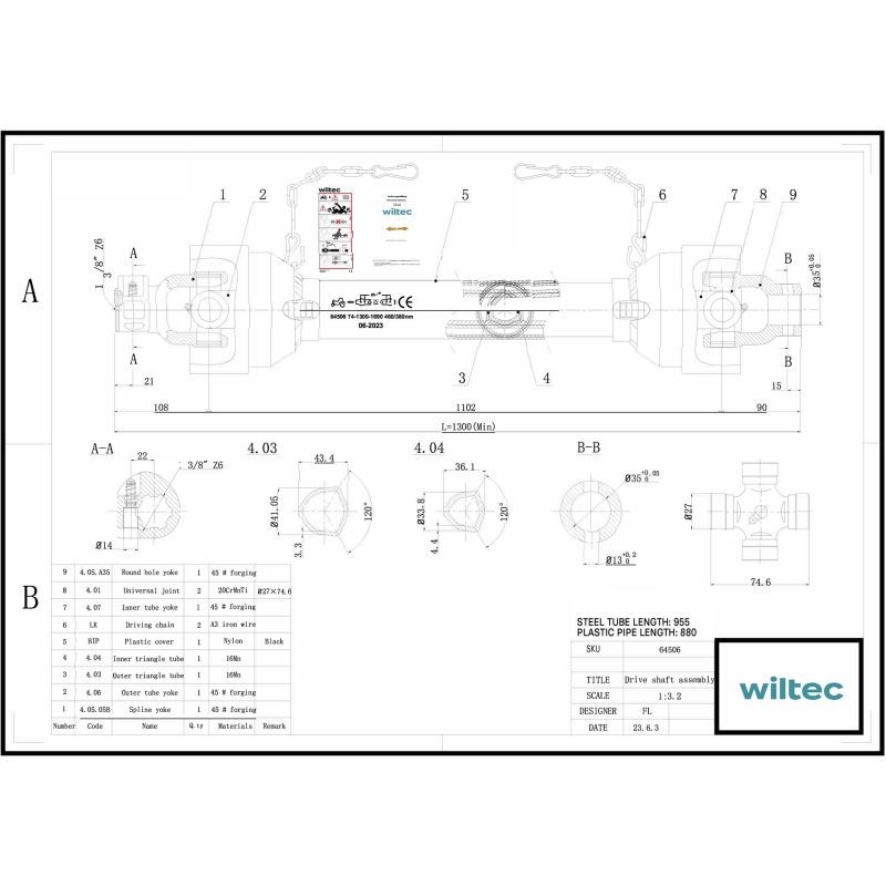 Voimansiirtokardaani T4 1300-1430 mm 460 Nm 540 U/min 40 kW 6 hammasta 35 mm pyöreä
