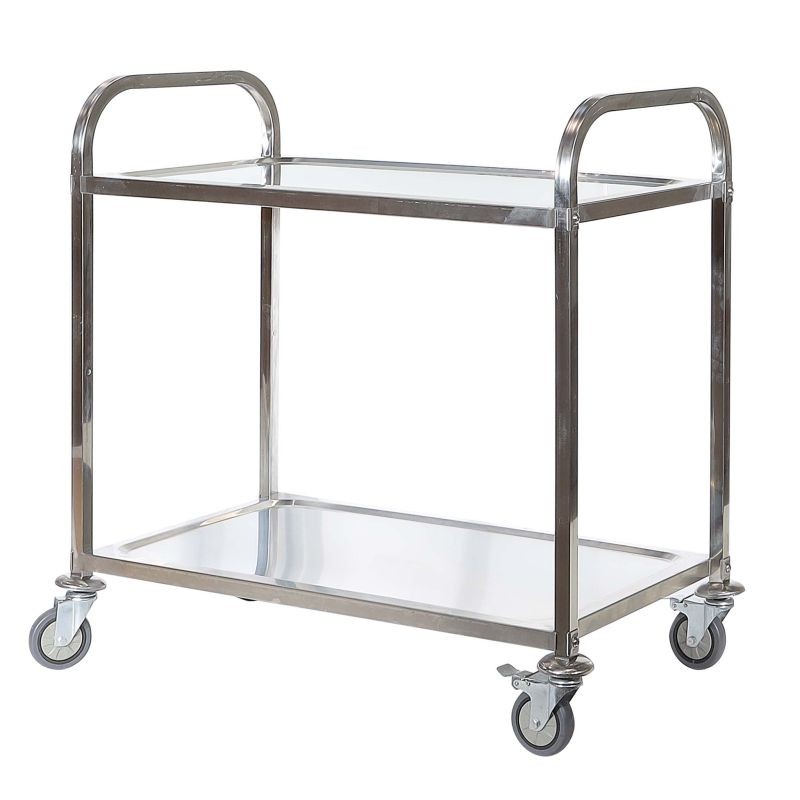 Tarjoiluvaunu 2 hyllytasoa, ruostumaton teräs 304, 150 kg, 940 x 560 x 940 mm, jarrulliset pyörät