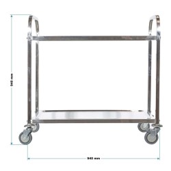 Tarjoiluvaunu 2 hyllytasoa, ruostumaton teräs 304, 150 kg, 940 x 560 x 940 mm, jarrulliset pyörät