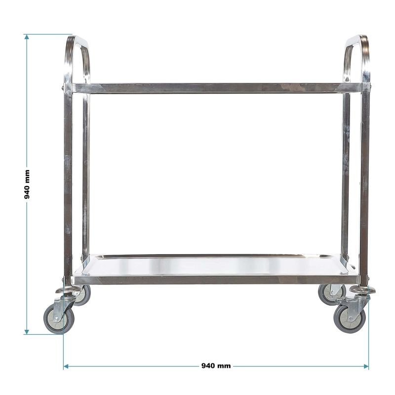Tarjoiluvaunu 2 hyllytasoa, ruostumaton teräs 304, 150 kg, 940 x 560 x 940 mm, jarrulliset pyörät
