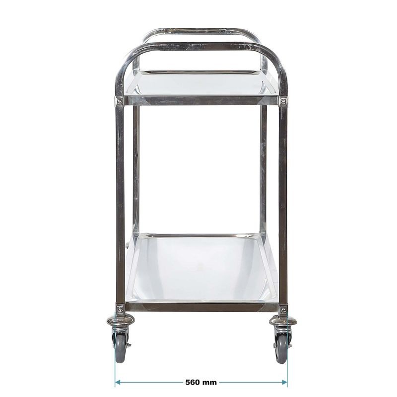 Tarjoiluvaunu 2 hyllytasoa, ruostumaton teräs 304, 150 kg, 940 x 560 x 940 mm, jarrulliset pyörät