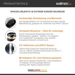 Walimex pro 500 mm 1:6,3 peiliobjektiivi, T2-liitäntä, täysikenno ja APS-C