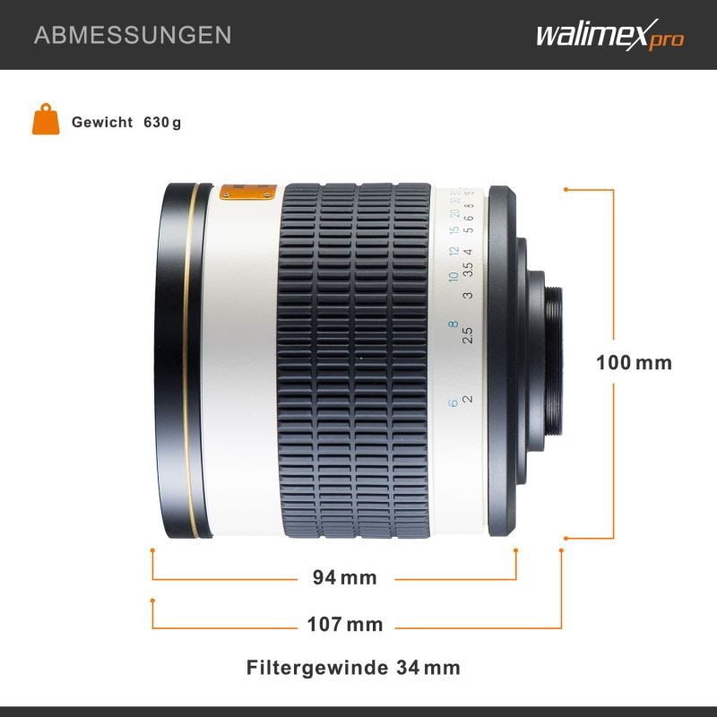 Walimex pro 500 mm 1:6,3 peiliobjektiivi, T2-liitäntä, täysikenno ja APS-C