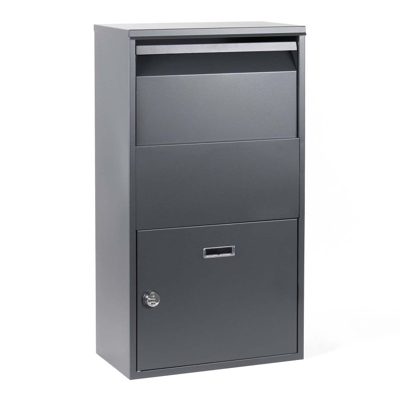 Paketilaatikko harmaa 410 x 220 x 750 mm, lukittava, jauhemaalattu teräs
