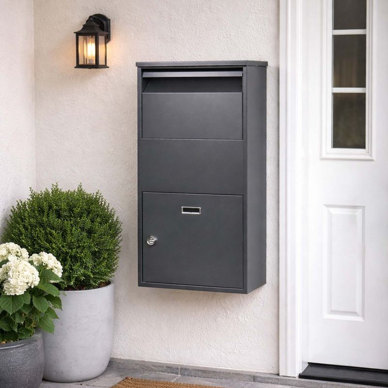 Paketilaatikko harmaa 410 x 220 x 750 mm, lukittava, jauhemaalattu teräs