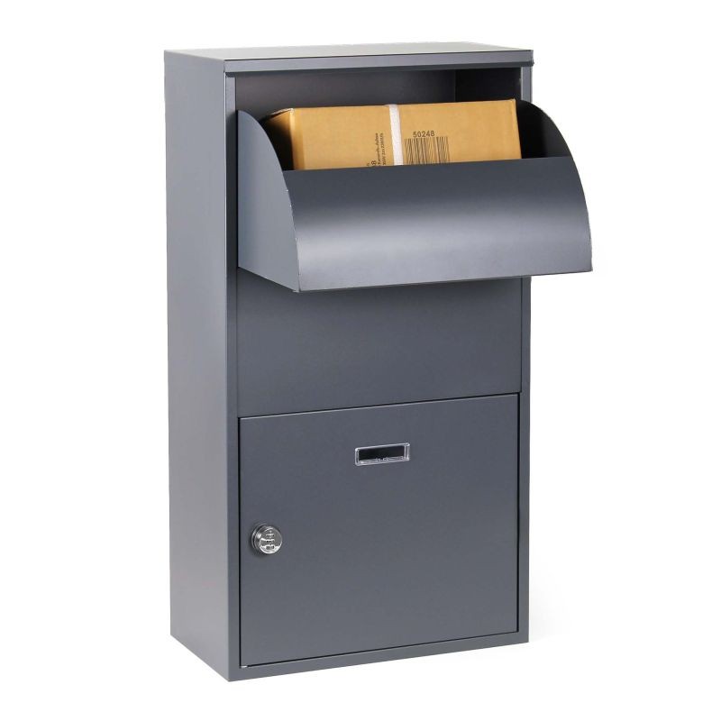 Paketilaatikko harmaa 410 x 220 x 750 mm, lukittava, jauhemaalattu teräs
