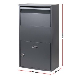 Paketilaatikko harmaa 410 x 220 x 750 mm, lukittava, jauhemaalattu teräs