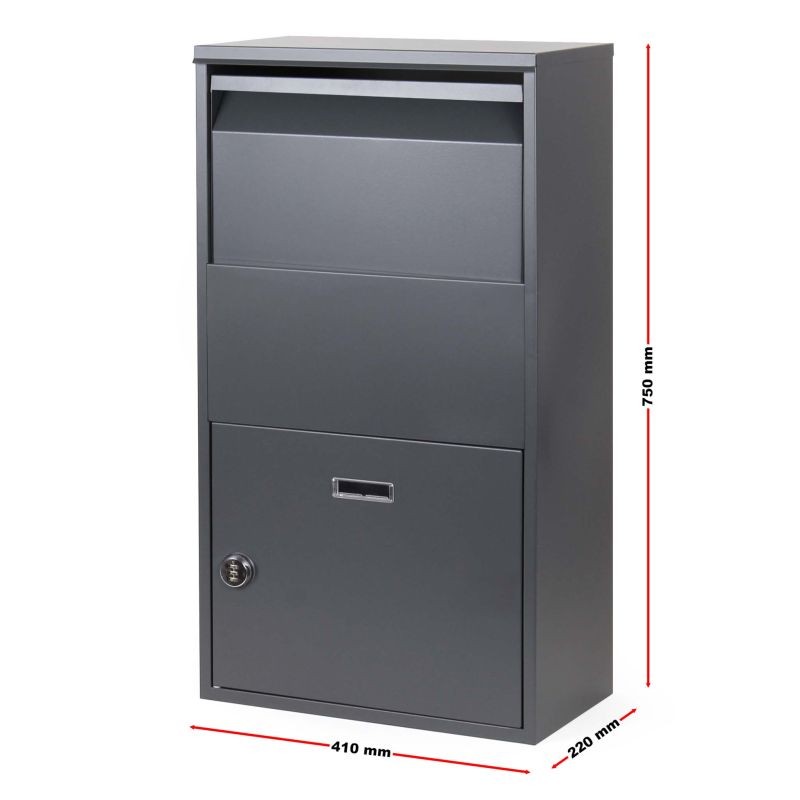 Paketilaatikko harmaa 410 x 220 x 750 mm, lukittava, jauhemaalattu teräs