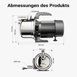 JET110S kannettava puutarhapumppu 1100 W 4600 l/h ruostumaton teräs